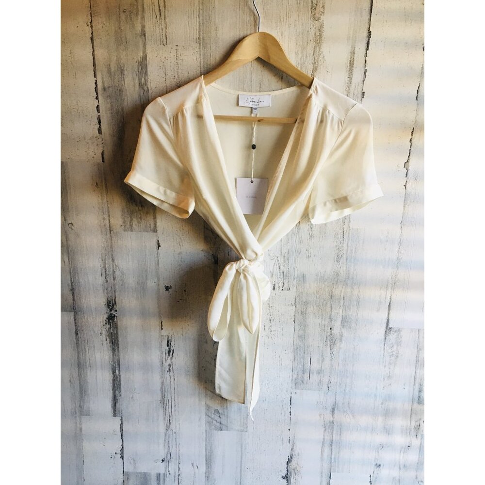 NWT L'Academie Slinky Wrap Top Blouse Cream S Short Sleeve Surplice